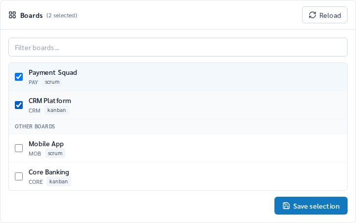 ส่วนเลือก board (Payment Squad / CRM Platform) และสถานะ cache ของ issues ในหน้า Settings